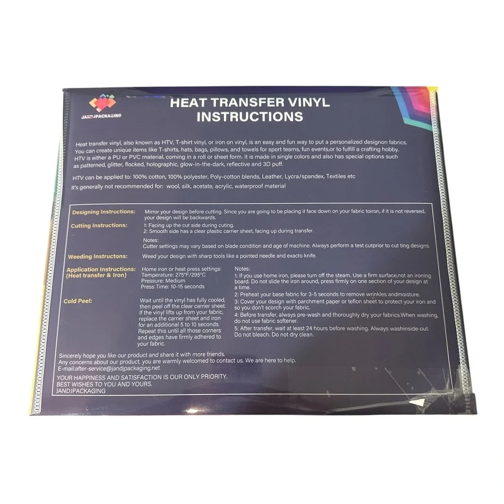 JandJPackaging Heat Transfer Vinyl HTV Sheets Multicolor 12x10 Bundle‎ Crafting